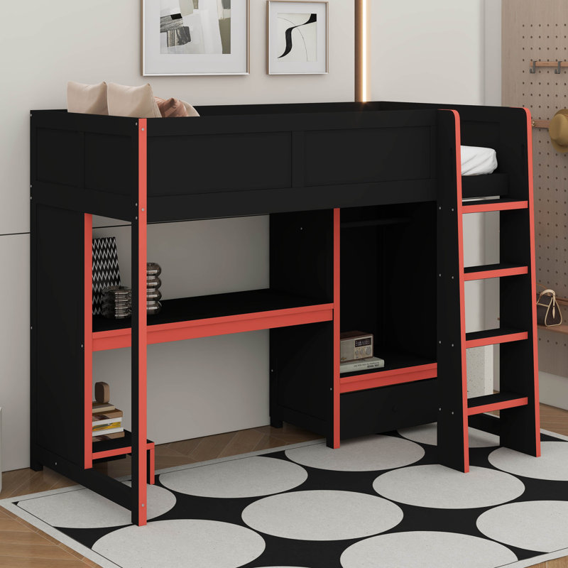 Lit mezzanine simple en bois avec bureau intégré, garde-robe, DEL et tiroir, Simple