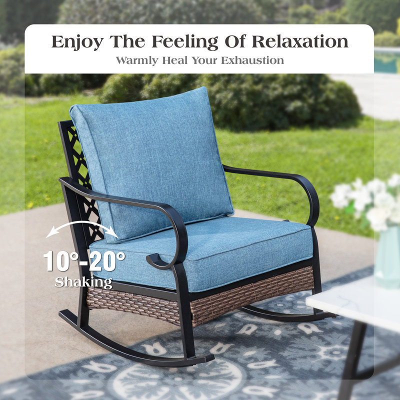 Ensemble de conversation d'extérieur pour 7 personnes avec 2 chaises longues berçantes et foyer, Noir / bleu denim / noir