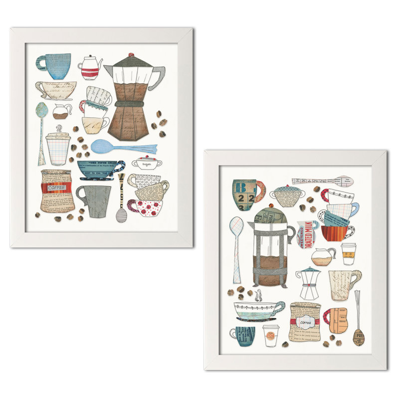 «Coffee graphique I v2 and Coffee graphique II v2», ensemble de 2 reproductions d'impressions, Cadre blanc