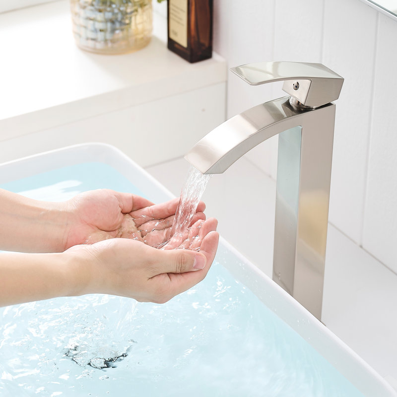 Robinet de lavabo contemporain en nickel brossé - Monotrou avec poignée et côté pour lavabo de salle de bain moderne commercial avec robinet en céramique