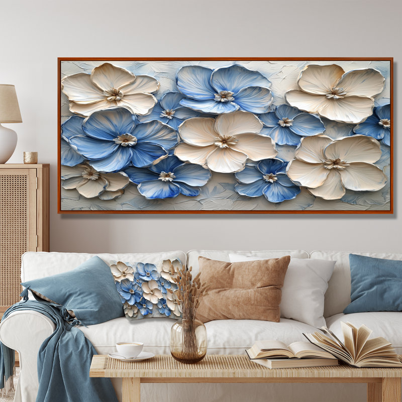 Jacarra velours crème bleu Rhododendron I - art mural rhododendron, H 28 po x l 60 po, Cadre flottant, Naturel