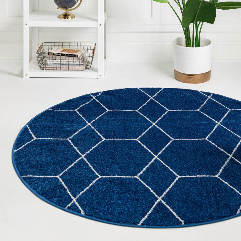 Tapis bleu marine à motif géométrique Debrodie, Rond 5 pi 3 po