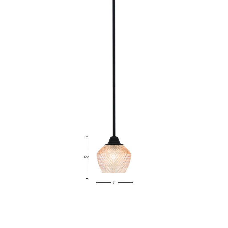 Mini-luminaire suspendu suspendu Perrin au fini noir mat avec verre texturé ambre de 6 po