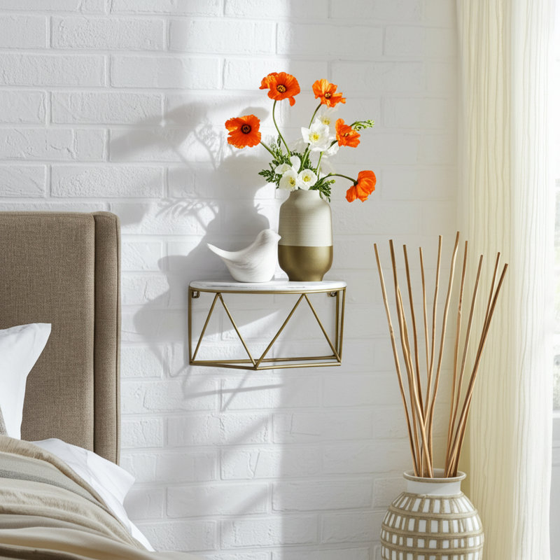 Poulos Wood and Metal Wall Shelf with Geometric Iron Frame - Stylish Floating Storage for Decorative Display, White/Gold