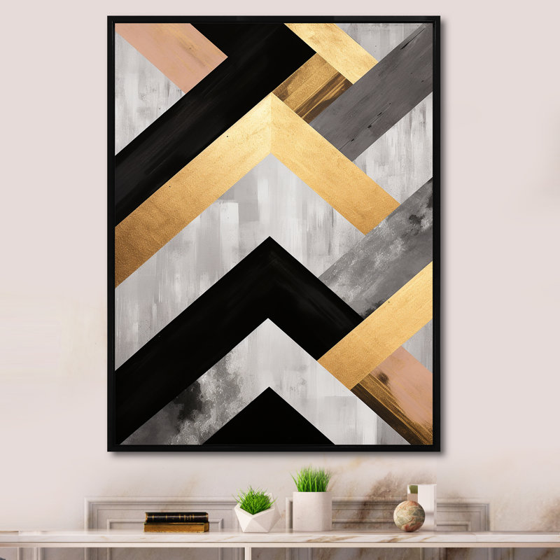 Carreaux géométriques noirs et dorés 4 - art mural géométrique, Cadre flottant noir, H 40 po x l 30 po x P 1,5 po