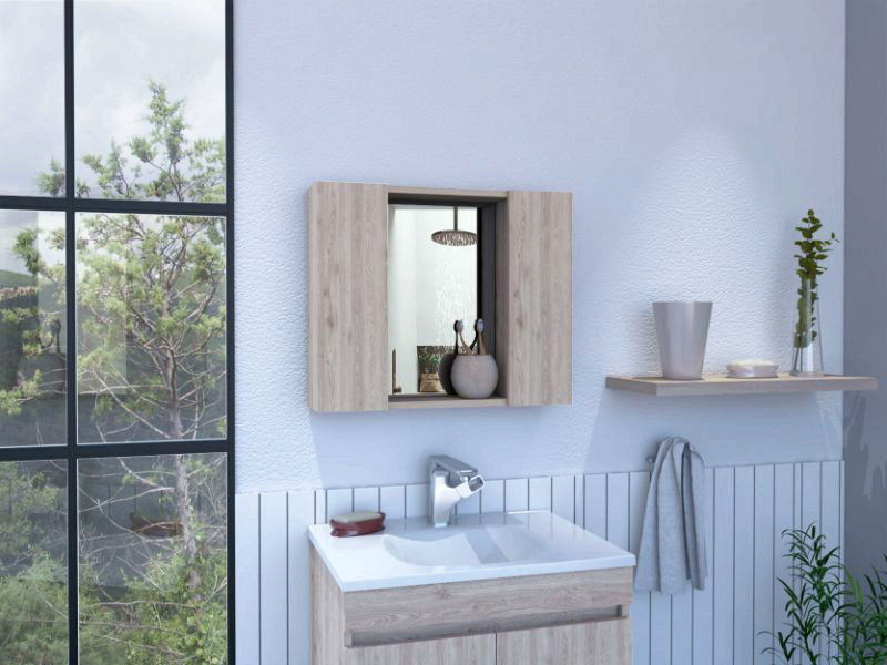 Pharmacie, miroir, porte double, une tablette extérieure, Naturel