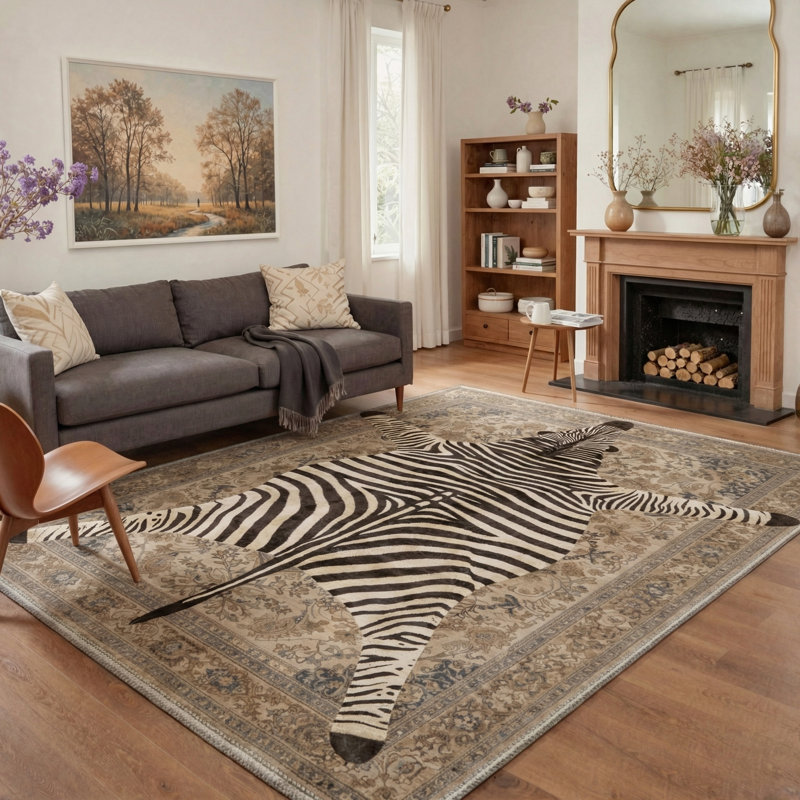 Veatrice Savanna Animal Print Zebra Hide Machine Washable Brown / Beige Indoor Area Rug with Non-Slip Backing