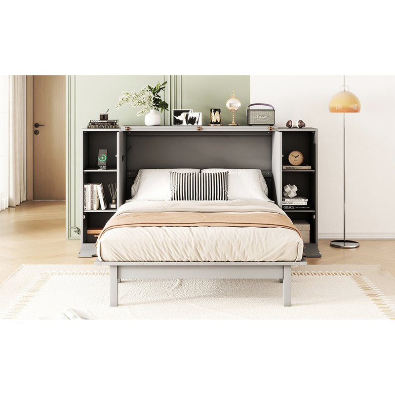 Lit double avec rangement à tiroirs, gris - Économie d'espace pratique pour l'espace de bureau à domicile, petites pièces idéales pour plusieurs pièces