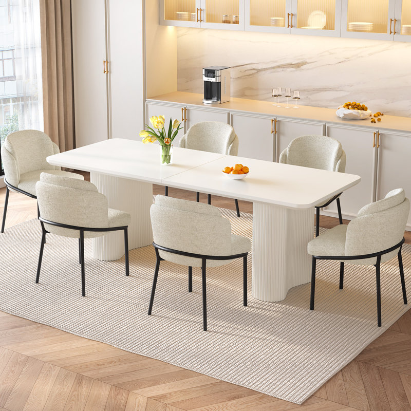 78.97" Modern Rectangle Cream White Dining Table Set with 6 Chairs for Kitchen, Bar, Living Room, 7 Pieces: Table, 6 Chairs