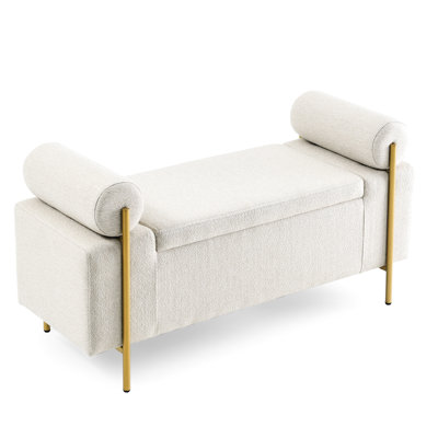 Upholstered Linen Storage Bench In Beige With Cylindrical Arms And Solid Iron Leg Base For Living Room Bedroom Hallway Strong Framework