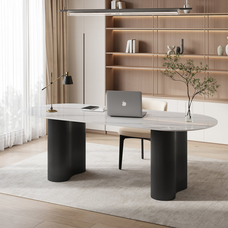 71'' Office Desk With Black Double Roman Column Legs, Modern Faux Marble Writing & Computer Desk, White/Black