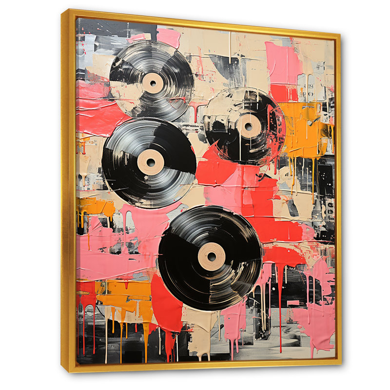 Disque vinyle rose II - Art mural disques vinyle, Cadre flottant doré, H 20 po x l 12 po x P 1 po
