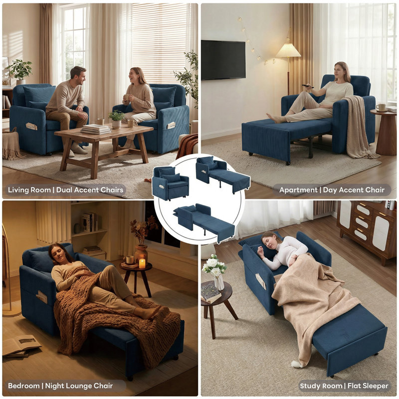 87''W 3-In-1 Convertible Sleeper Chair Bed, 3-Section Extra Length Adjustable Backrest  With 2 Cushions & Storage Bag