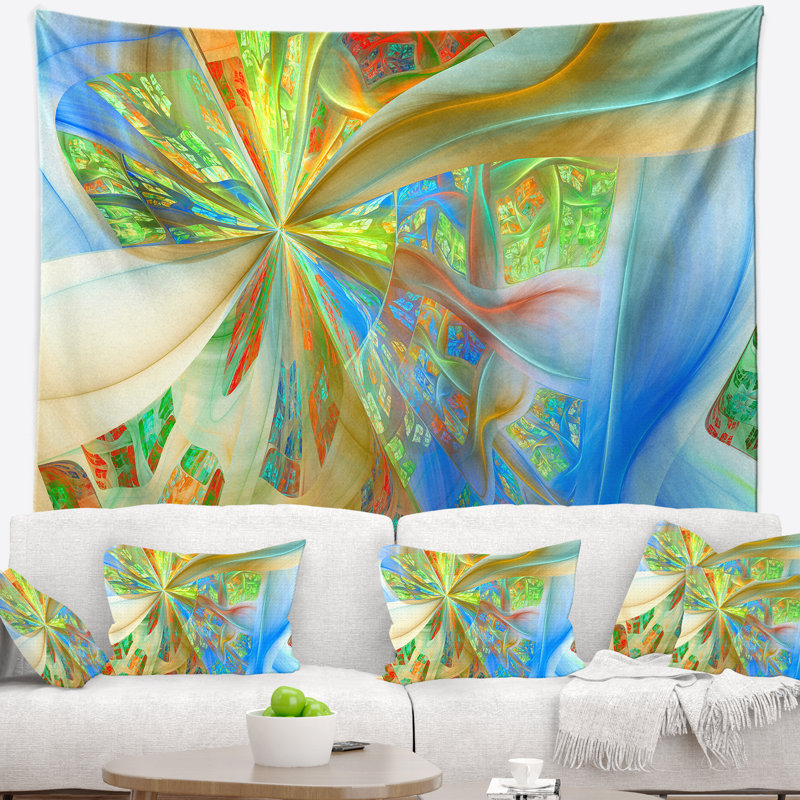 Tapisserie abstraite à motif fractal de plantes exotiques jaunes, H 32 po x l 39 po