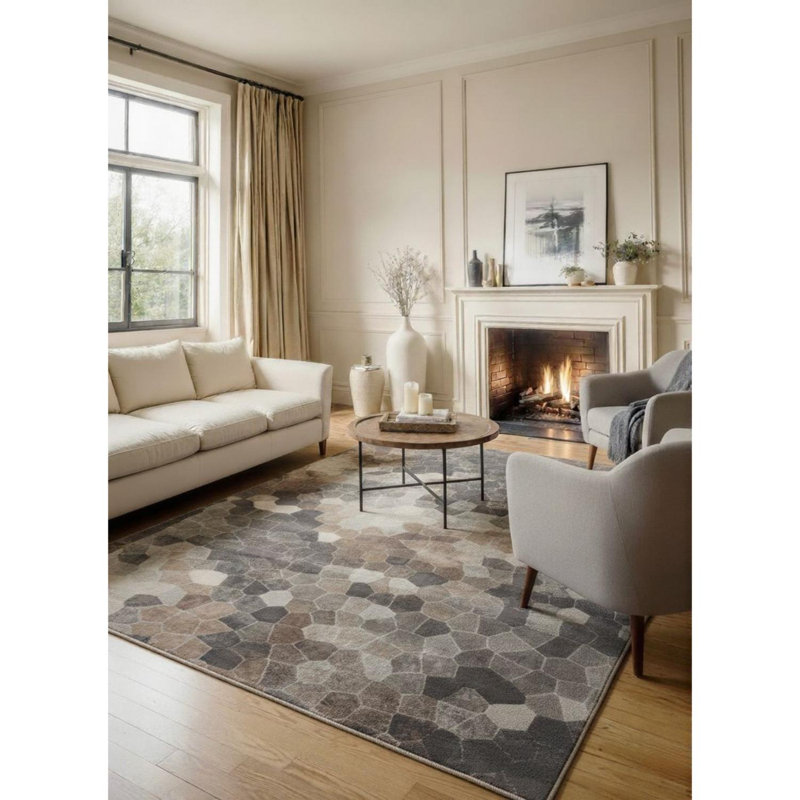 Rug Branch Joni 2' x 10' (2'3" x 10')  Grey/Beige Stone Mosaic Indoor Runner Rug, Contemporary, Low Pile, Stain-Resistant Hallway Carpet - Entryway, Mudroom, Bedroom, and Kitchen