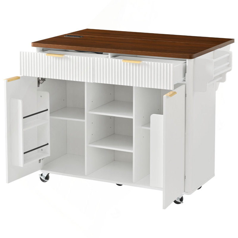 52" Fluted Kitchen Island with Drop Leaf, Power Outlet,  Kitchen Storage Cart with Adjustable Shelves, 2 Doors and 2 Drawers, Rolling Island Table with Walnut Color Top for Kitchen