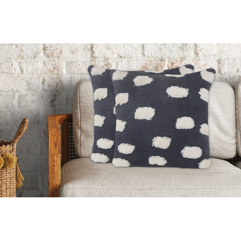 Ensemble de 2 coussins en coton Shawntal Dots Pom-poms, Bleu foncé/blanc