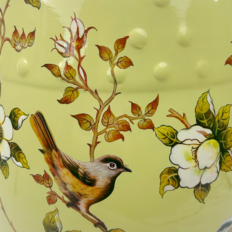 Tabouret en céramique fleur et oiseau, Vert/rouge
