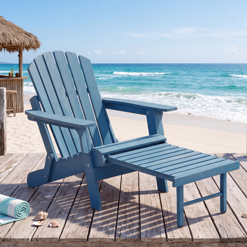 Oversized Solid Wood Adirondack Chair with Retractable Ottoman, Folding Design & Wide Armrests for Outdoor Patio and Backyard