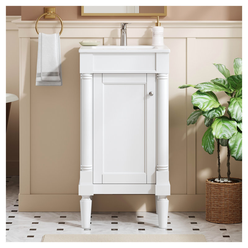 Meuble-lavabo de 18 po de style français avec lavabo en céramique, bois massif blanc et rangement en panneau de fibres à densité moyenne pour petits espaces