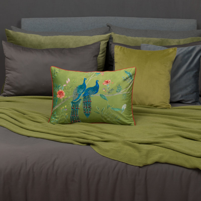 Housse de coussin décoratif à motif de paon 14 x 20 po, Vert