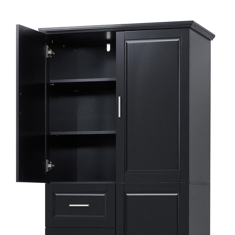 Tall And Wide Storage Cabinet With Doors And Drawers For Bathroom, Office, Living Room, Black