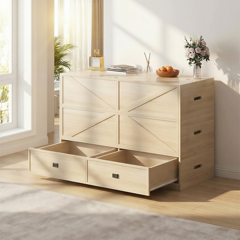 Grand lit escamotable moderne avec canapé convertible et matelas inclus, Naturel