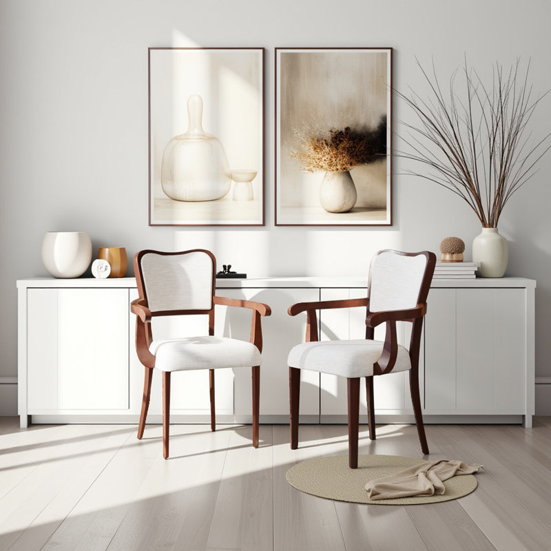 Set Of 2 Walnut Finish Upholstered Dining Armchairs, Traditional  Fabric Side Chairs With Curved Back & Padded Armrests