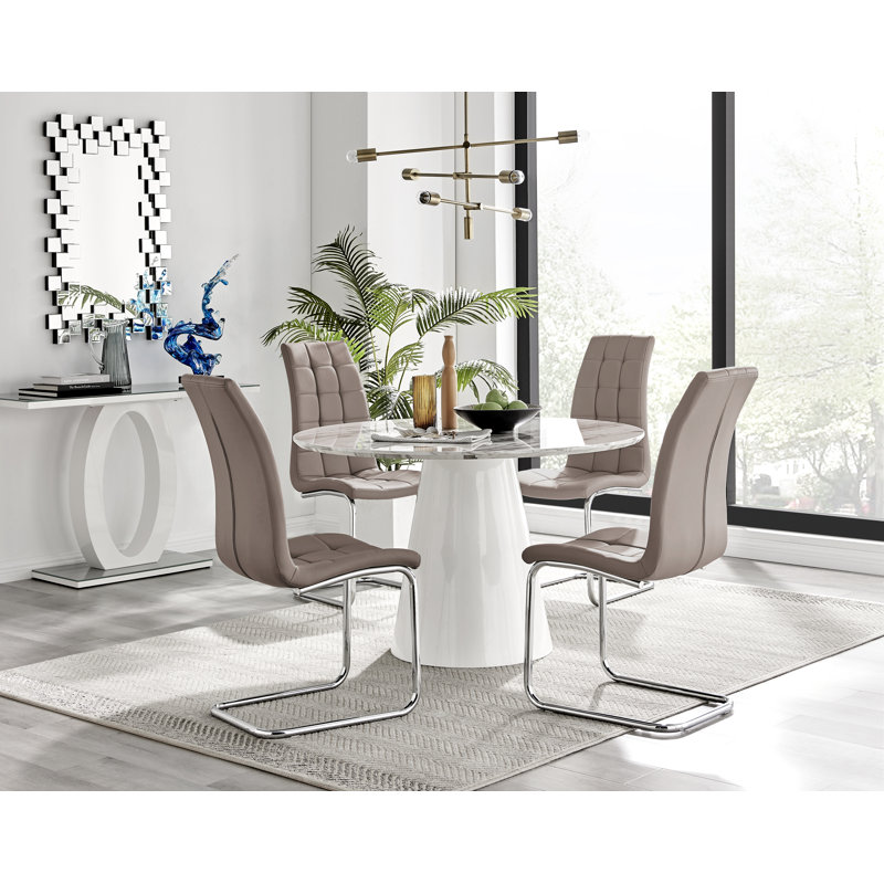 Palma White Marble Effect Round Dining Table & 4 Cappuccino Murano Chairs