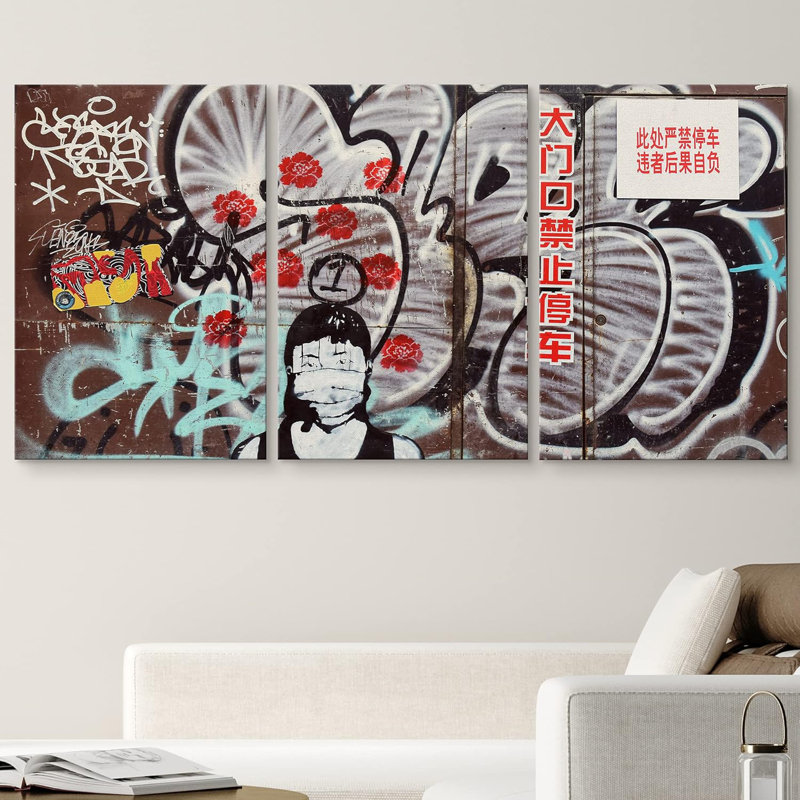 «China Masked Woman» triptyque «Graffiti & Street Art City Scenic Urban», 3 pièces, H 24 po x l 48 po x P 1,5 po