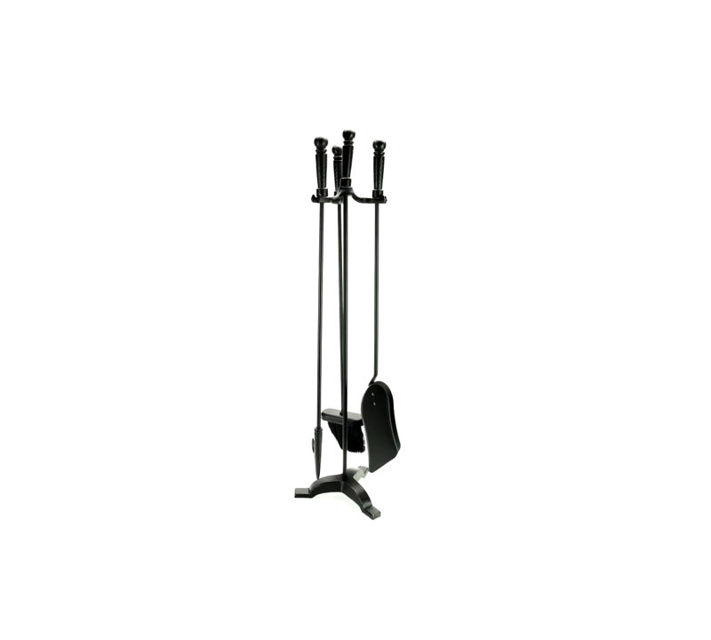 Black Wrought Iron and Steel Fireplace Tool Set with Stand
