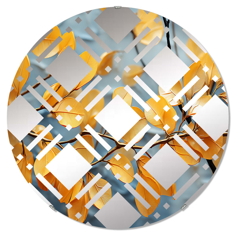 Golden Foliage Leaves I - Miroir décoratif à carreaux - MIR114742-Rond, 31,4 po x 31,4 po