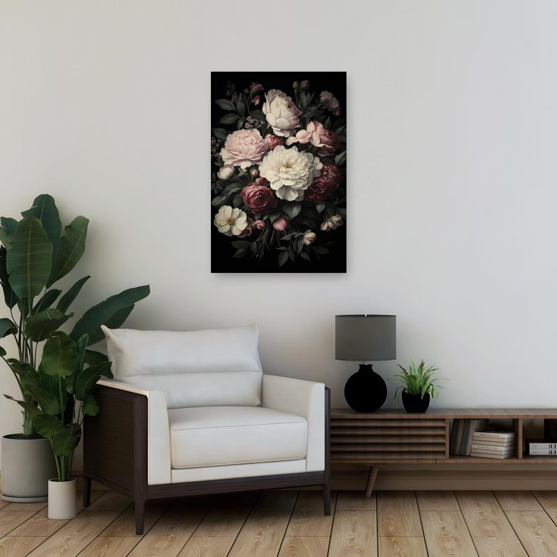 Moody Floral Bouquet Classic Elegant Romantic Peony Rose Flower Landscape Wall Art Print by Andrea Haase - Wrapped Canvas Print