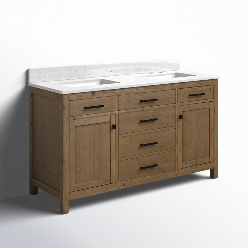 Meuble-lavabo double 60 po Ajiya, Blanc de Carrare, Naturel texturé / noir mat