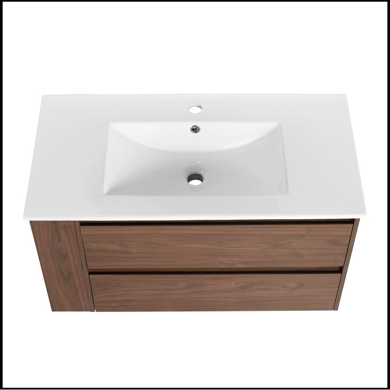 Meuble-lavabo mural 36 po avec lavabo en céramique, Chêne brun