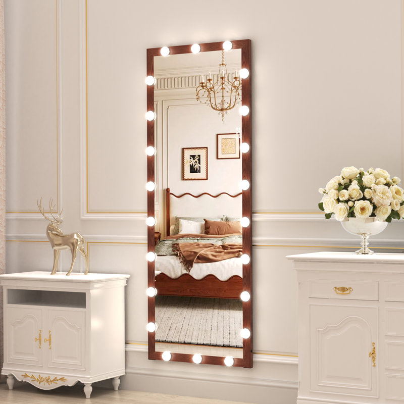 Hollywood Full Length Mirror with Lights Full Body Vanity Mirror with 3 Color Modes Wall Lighted  Standing Floor Mirror for Dressing Room Bedroom Hotel Touch Control walnut 62.6"x23.3"