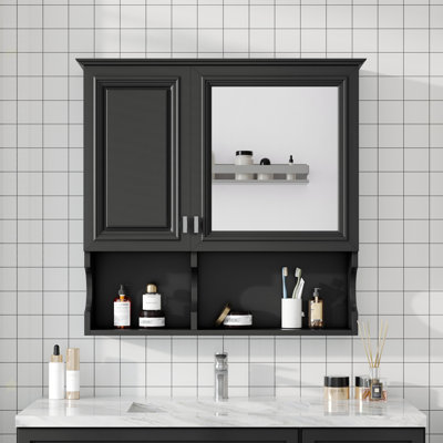 Armoire à pharmacie à miroir de 30 pouces avec tablettes ouvertes, rangement mural avec portes et miroir, tablette réglable, armoire de rangement pour salle de bain au-dessus de la toilette