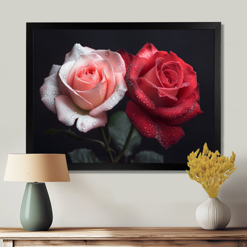 Rose rose rouge, beauté intemporelle - Roses, art mural salon, H 12 po x l 20 po, Cadre simple noir