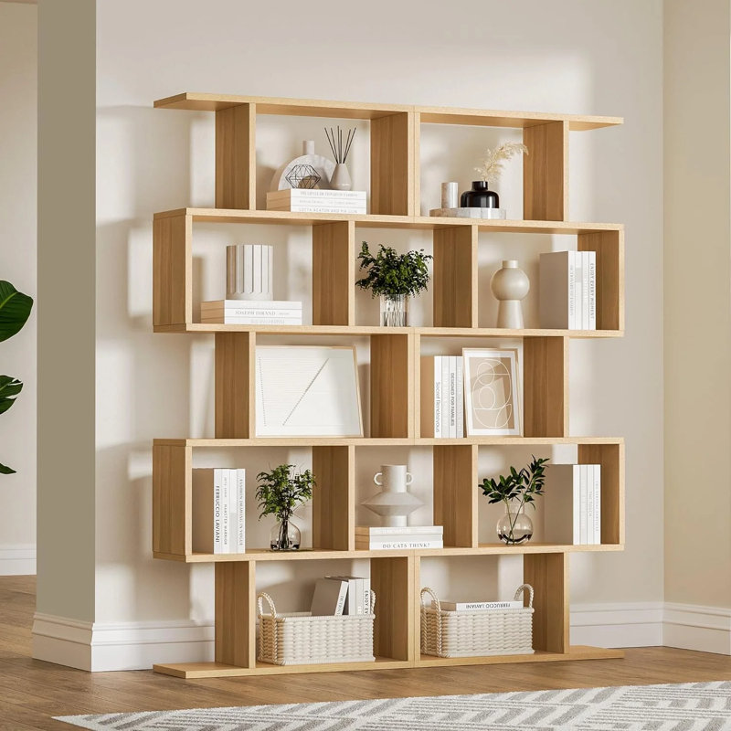 5-tier Geometric Bookcase, S-shaped Modern Bookshelf Set Of 2, 62.6" Tall Room Divider Book Shelf, Decorative Display Shelf