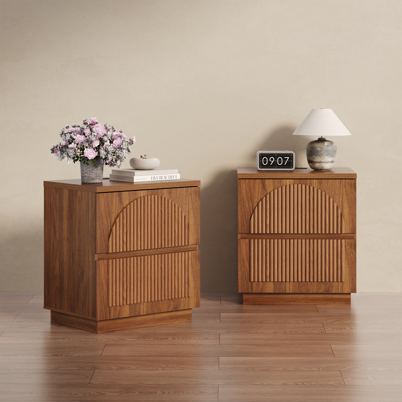 Designer Curved Three-dimensional Texture 2-drawer Fluted Panel Nightstand（set Of 2）, Walnut