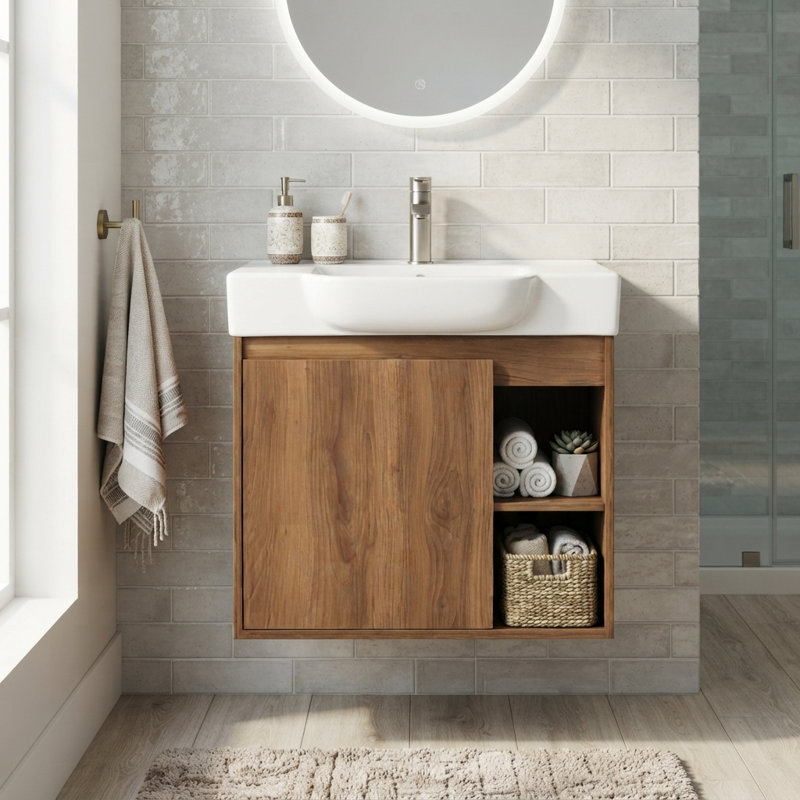 Meuble-lavabo mural de 61 cm (24 po) avec lavabo en céramique, fini noyer, armoire en contreplaqué, 1 porte et 2 étagères ouvertes