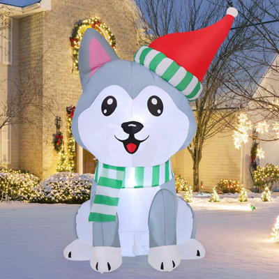 5 FT Christmas Inflatable Husky Dog Wearing Santa Hat with Built-in LEDs