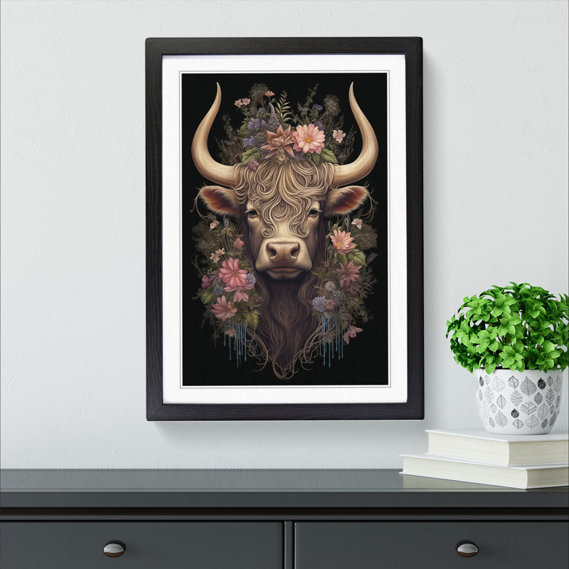 Highland Cow Victorian - Single Picture Frame Print on Wood, Black Framed, 34cm H x 25cm W x 2cm D