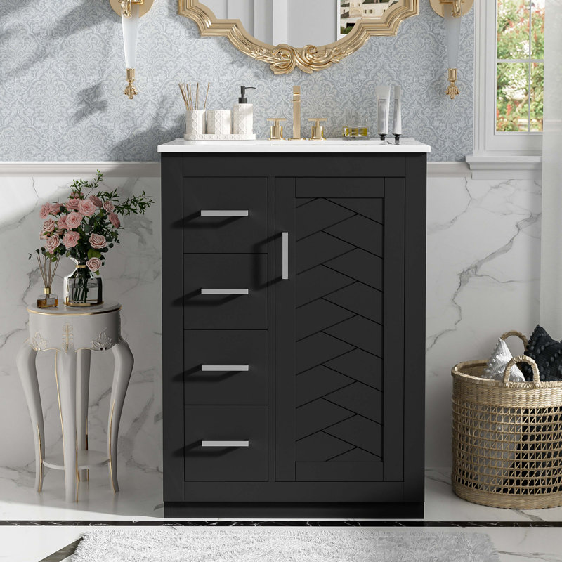 Meuble-lavabo 24 po avec lavabo intégré en céramique, meuble-lavabo à une porte, 3 tiroirs et meuble-lavabo simple pour petite et moyenne salle de bain