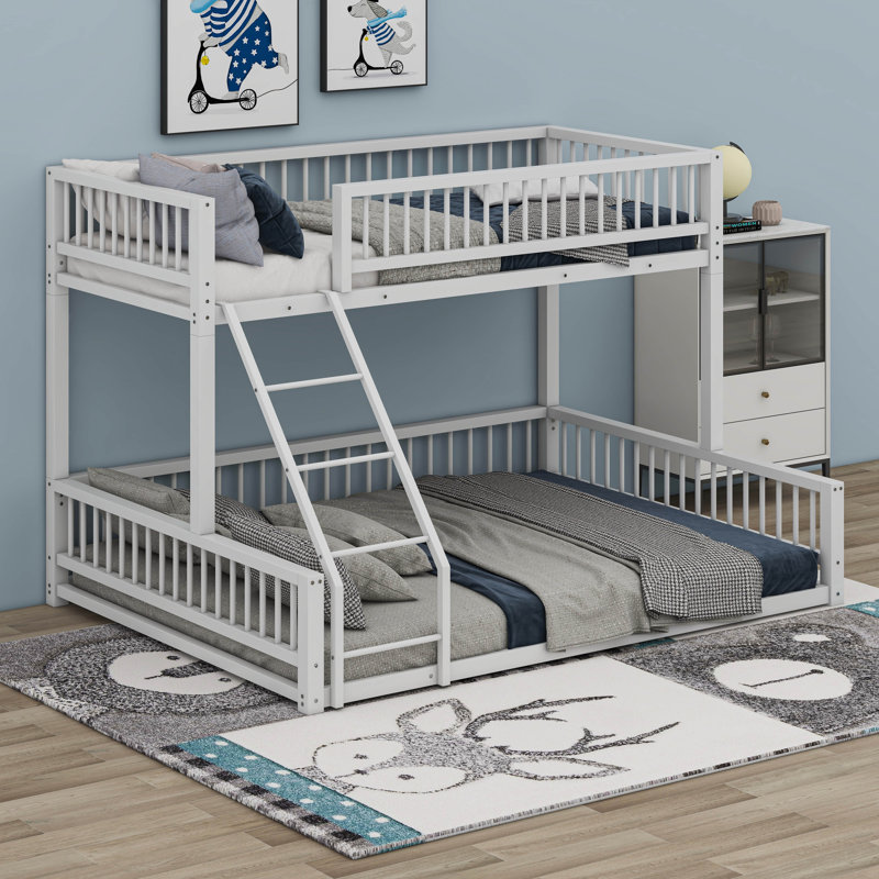 Metal Twin XL Over Queen Bunk Bed With With Ladder And Safety Guardrails, White