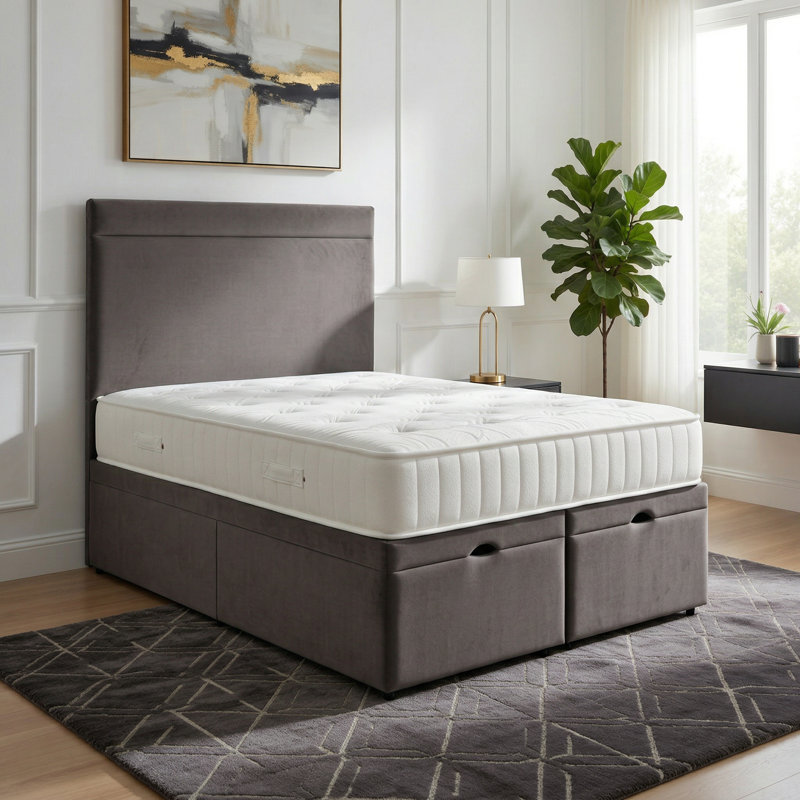 Upholstered Ottoman Bed, Grey, Double