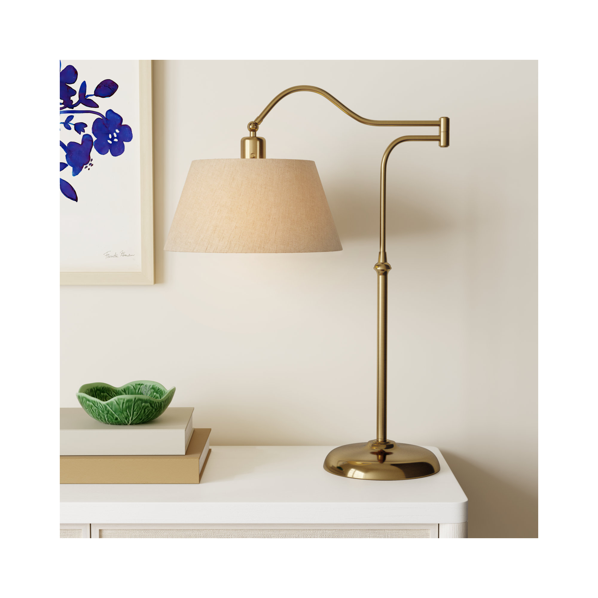 Theodora Adjustable Metal Arched Lamp, 27" H x 12.5" W x 25" D, Antique Brass, Cream