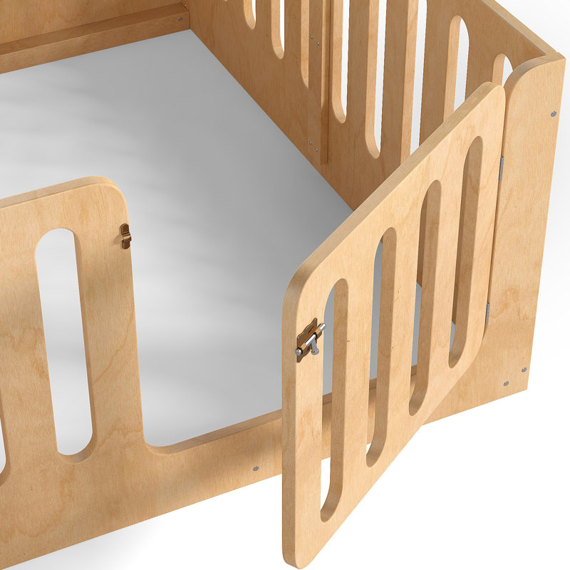 Grand lit de plancher en bois massif, profil bas avec porte, sans sommier, crée un environnement sécuritaire, clôture haute, style et ressorts nécessaires