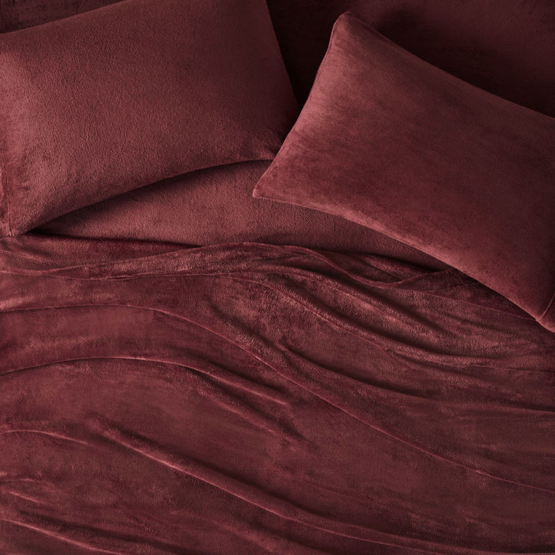 Drap simple 3 pièces, bourgogne, confortable et chaud, 100%, brossé deux fois, velours soyeux, drap plat, taie d'oreiller ajustée, drap pour matelas de 16 po, lavable à la machine, ultra doux, brossé