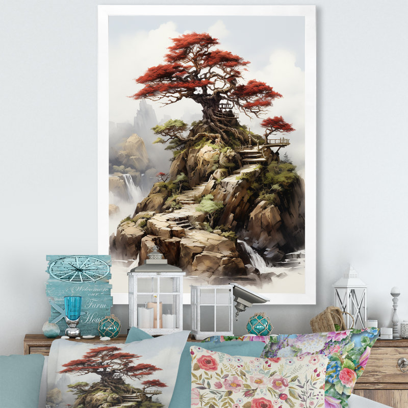 Bonsai Elegance Landscape - Tree Bonsai Wall Art, White Single Picture Framed, 32" H x 16" W x 1" D